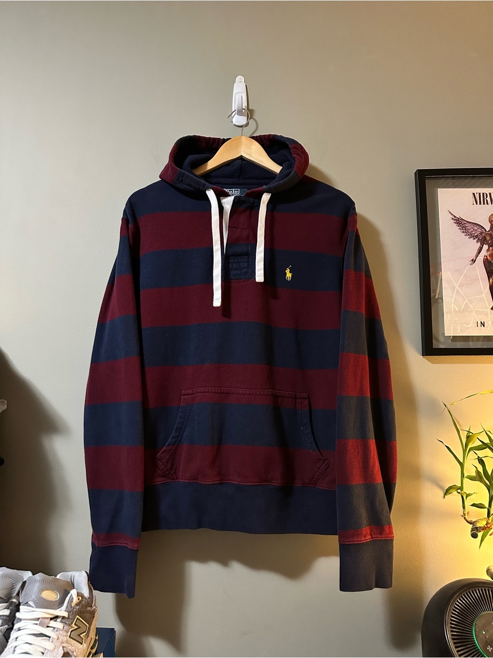 Vintage Polo by Ralph Lauren Navy & Burgundy Striped Hooded Rugby Shirt